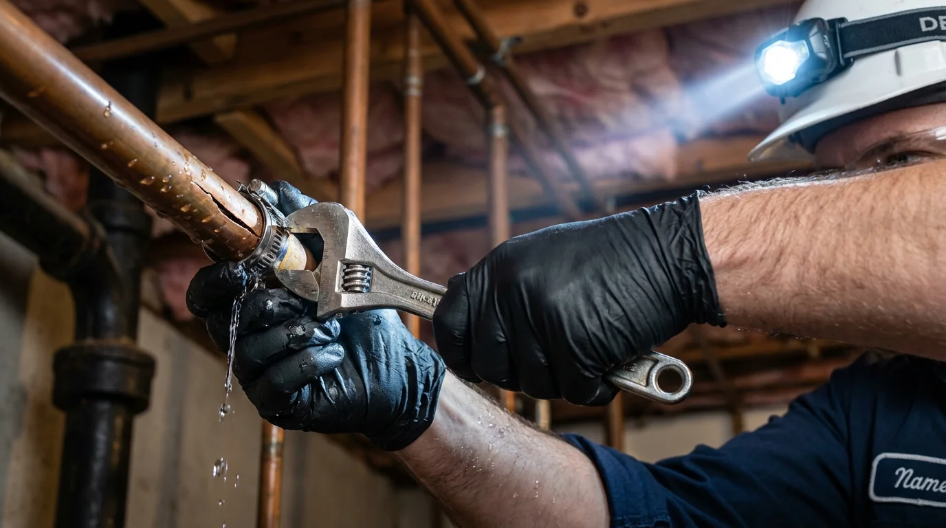 Emergency pipe clamp repair being performed by a Johns Plumbing LLC plumber in Wellsville