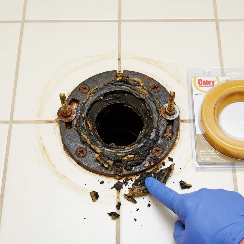 Failed wax ring showing water seepage at the base of a toilet in a Wellsville, MO home