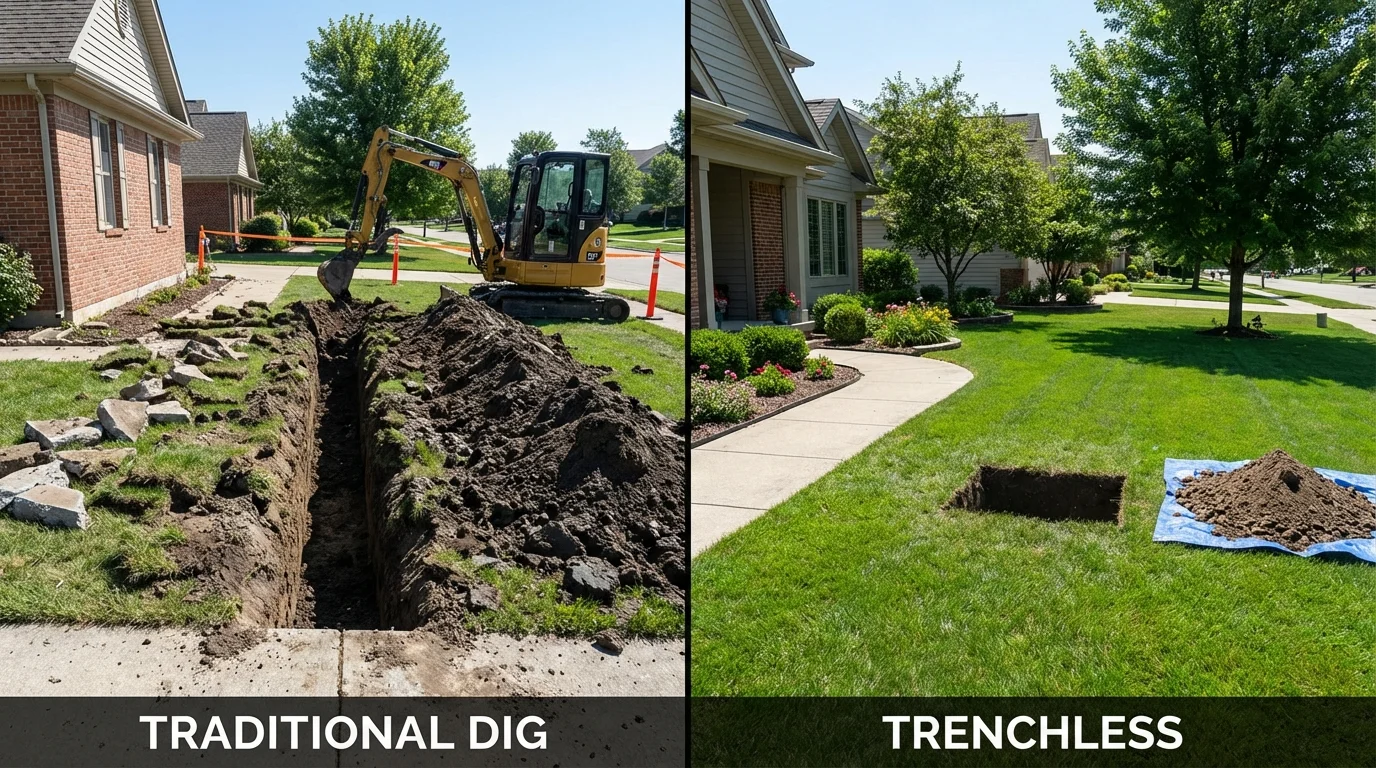 Trenchless sewer repair with minimal yard damage versus traditional excavation in Wellsville, MO