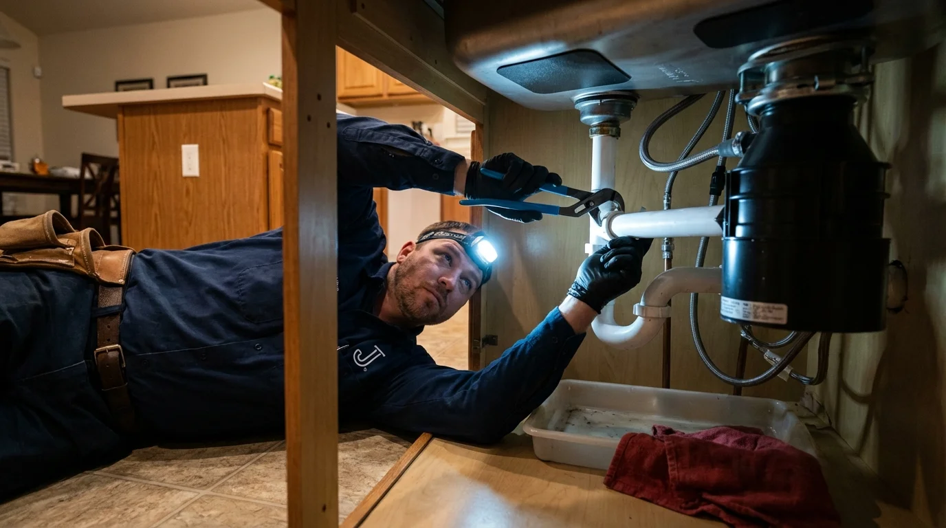 P-trap and supply line connections under a kitchen sink showing a common leak point in Wellsville, MO